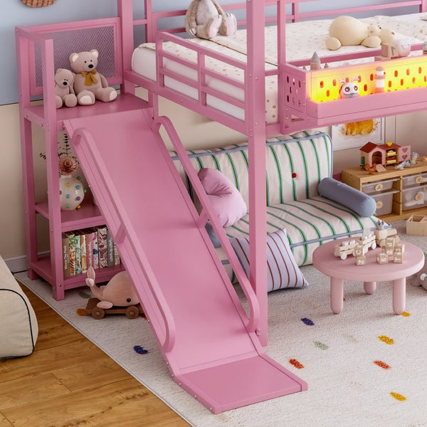 English Elm Twin Metal Loft Bed with Built-in Wardrobe Storage Stairs Led Lights and Usb Ports W5316S00048