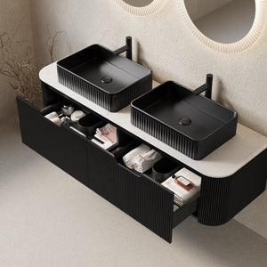 English Elm Dina 60 Inch Floating Bathroom Vanity Sintered Stone Top Dual Glass Basins Wood Grain Black,Carrara White W2615S00186