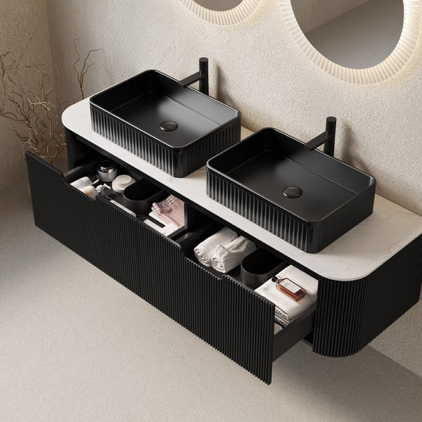 English Elm Dina 60 Inch Floating Bathroom Vanity Sintered Stone Top Dual Glass Basins Wood Grain Black,Carrara White W2615S00186
