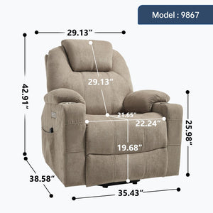 English Elm Up to 350 Lbs Chenille Power Lift Recliner with Massage Heating and Usb Charging Ports Khaki W3224S00026