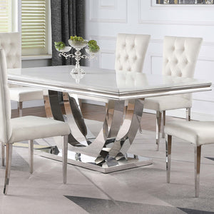 English Elm Allessandra Sleek White Faux Marble Dining Table with Beveled Edge and Chrome U-Shaped Base, 71" B062S00726