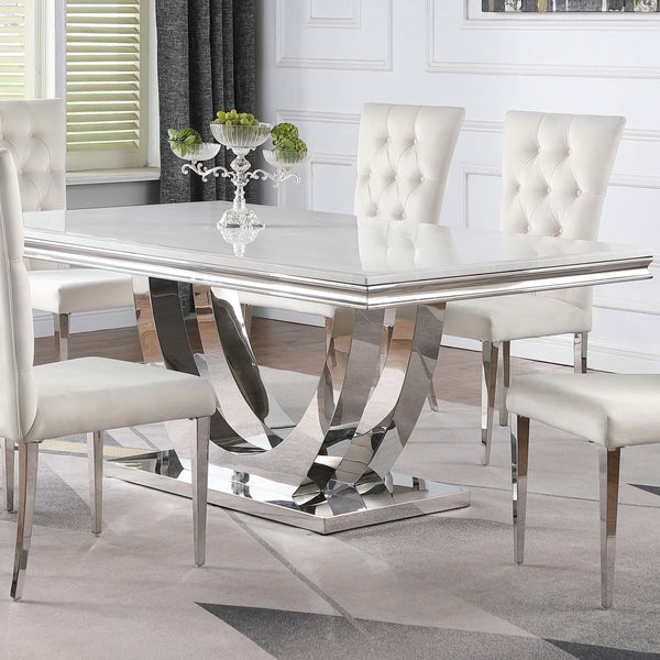 English Elm Allessandra Sleek White Faux Marble Dining Table with Beveled Edge and Chrome U-Shaped Base, 71" B062S00726