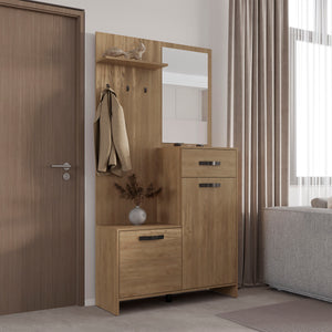 English Elm Hall Tree Natural Wood Entry Organizer with Mirror, 2 Doors, 1 Drawer, Shoe Rack & 3 Hooks – Durable, Eco-Friendly Storage B097P296845