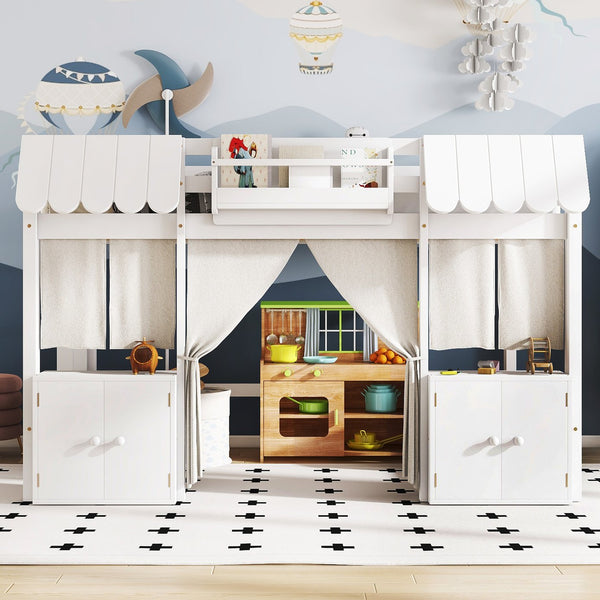 English Elm Full Loft Bed With Bookshelf & Storage - Amusement Park Design, Safety Guardrails, Cozy White Finish W1580S00358