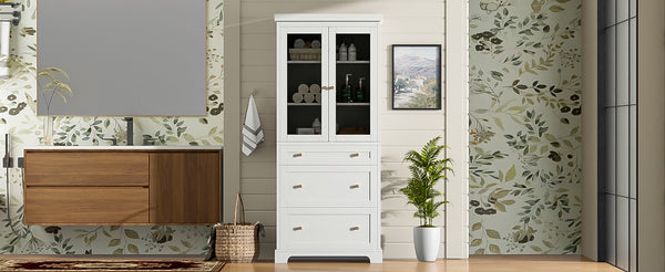 English Elm 70.1" Modern Tall Storage Cabinet with 3 Drawers, 2 Adjustable Shelves, Soft-Close Glass Doors, Gold Handles White N729P271979K