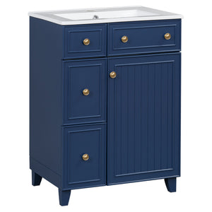 English Elm 24-Inch Bathroom Vanity Cabinet with Ceramic Sink, Space-Saving Storage, Solid Wood Feet, Durable Finish Blue WF532034AAC