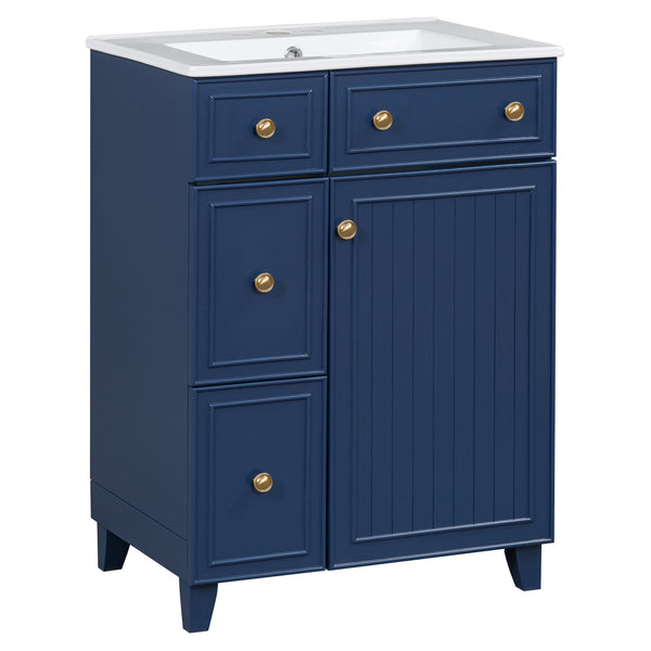 English Elm 24-Inch Bathroom Vanity Cabinet with Ceramic Sink, Space-Saving Storage, Solid Wood Feet, Durable Finish Blue WF532034AAC