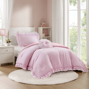 English Elm 3-piece Cottage Gingham Comforter Set with Ruffle Trim and Round Throw Pillow Pink B035P463187