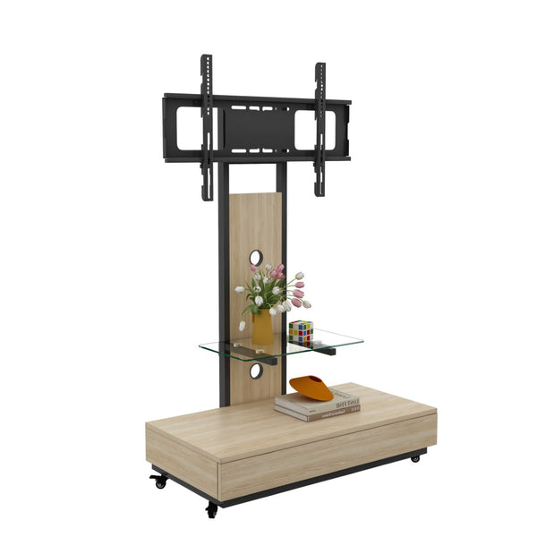 English Elm Tv Rolling Cart with Swivel Mount Lockable Wheels Pull Out Drawer Iron Frame Natural W241P246881