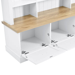 English Elm Farmhouse Hall Tree with Triple Arch Back Panel Eight Hooks Drawers and Entryway Bench White N721S000062K