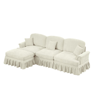 English Elm Mid Century three-seater modular L-shaped sectional sofa with removable ruffle skirts, chenille comfort and spindle legs — versatile, elegant seating solution Beige+White W3041S00234