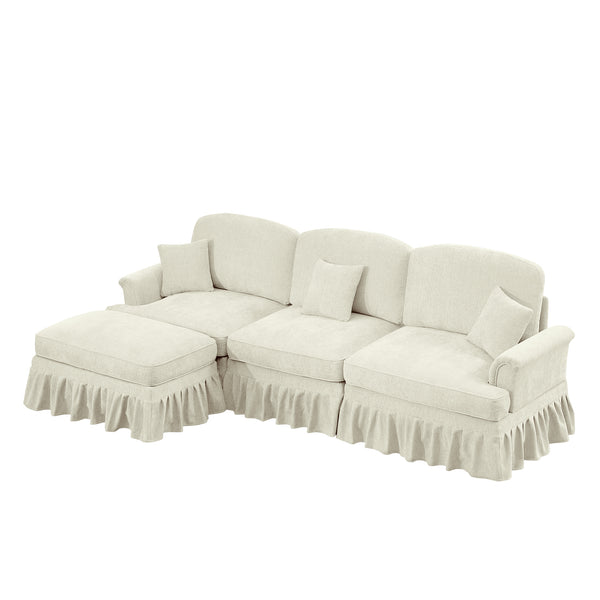 English Elm Mid Century three-seater modular L-shaped sectional sofa with removable ruffle skirts, chenille comfort and spindle legs — versatile, elegant seating solution Beige+White W3041S00234