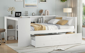 English Elm Full Size Daybed With Trundle & Desk, Solid Pine Frame, Storage Drawers, Modern White Design W1580S00205