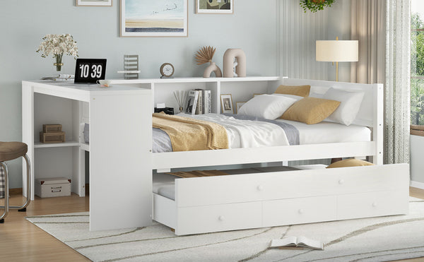English Elm Full Size Daybed With Trundle & Desk, Solid Pine Frame, Storage Drawers, Modern White Design W1580S00205
