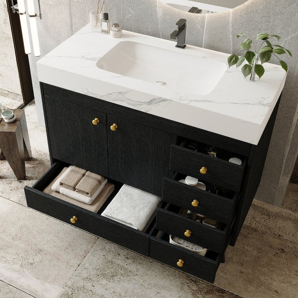 English Elm 36" Freestanding Bathroom Vanity Sintered Stone Top Ceramic Sink Stainless Steel Legs Black,Gold,White W3136S00068