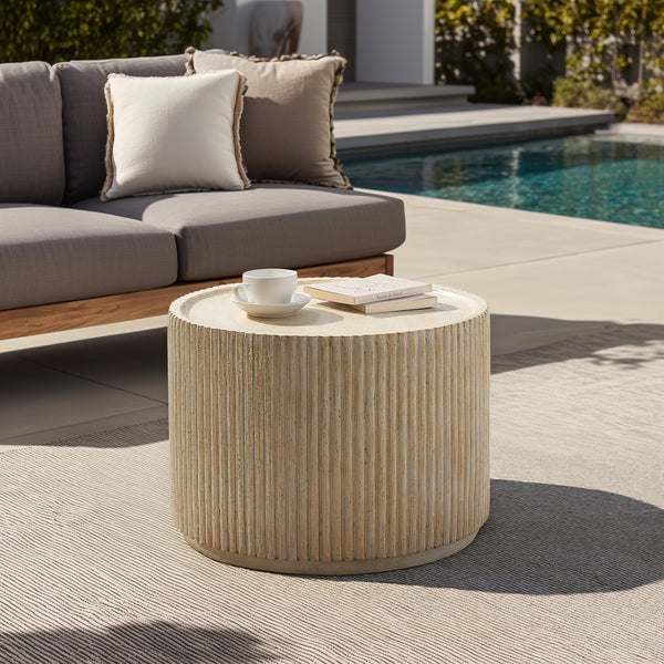 English Elm Christopher Knight Home® - 23.5" MGO Fluted Round Coffee Table — Natural Travertine Look, Weatherproof Magnesium Oxide Chic N772P306668T