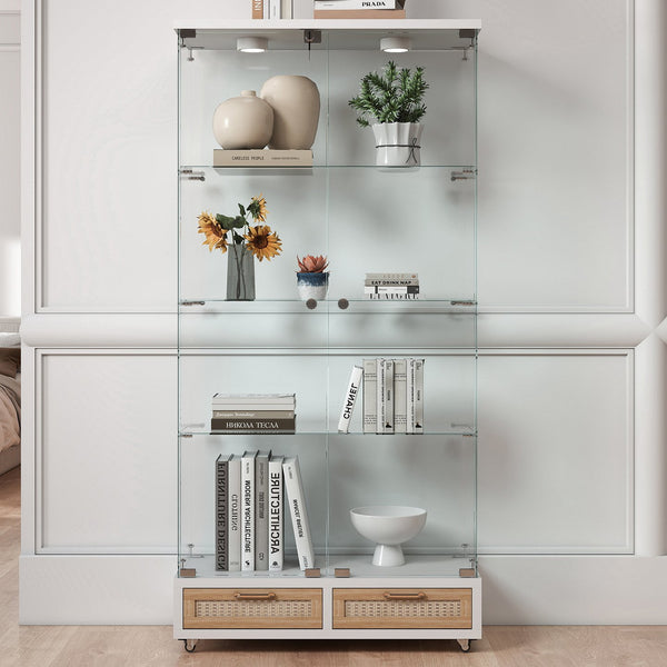 English Elm Modern Glass Display Cabinet With Led Lighting, Lockable Drawers, And Adjustable Shelves For Home Décor W241S00059