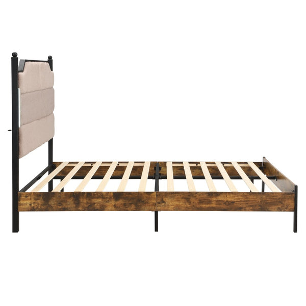 English Elm Queen Platform Bed Lamb Fleece Headboard Led Lighting Usb Charging Under Storage W311P416228