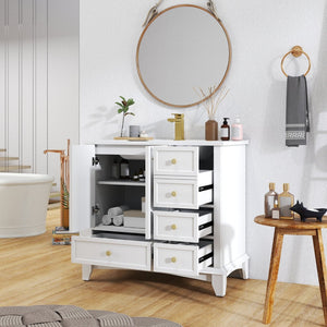 English Elm 35.6" Freestanding Bathroom Vanity with Roman Column Base and Ceramic Integrated Sink White W1801S00003