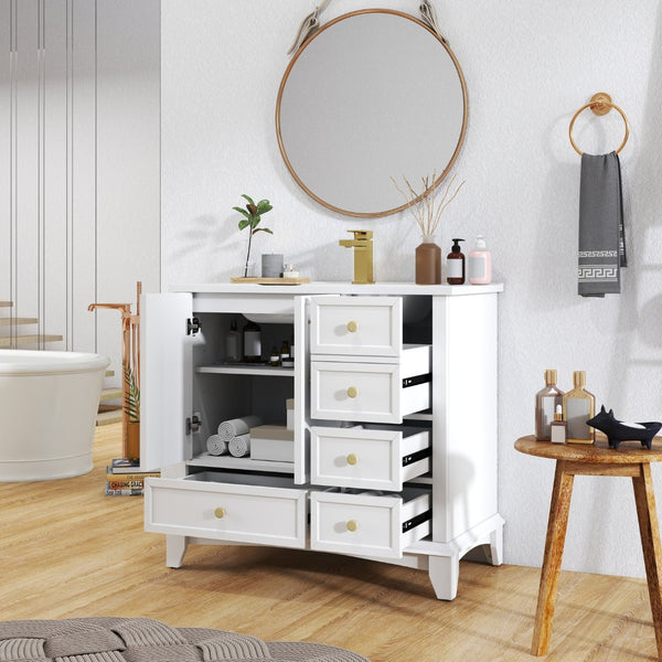 English Elm 35.6" Freestanding Bathroom Vanity with Roman Column Base and Ceramic Integrated Sink White W1801S00003