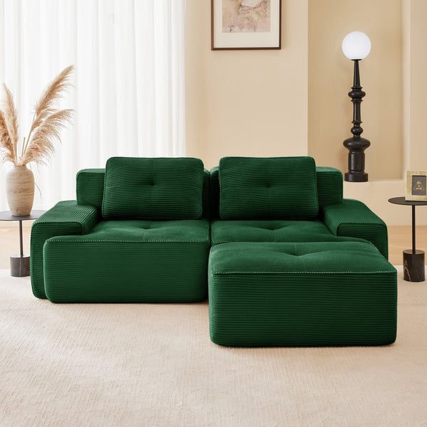 English Elm 82" Modern L-Shaped Modular Sectional Sofa with Plush Corduroy, Deep Ergonomic Seats & Movable Ottoman Green W714S01483