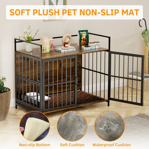 English Elm Dog Kennel Furniture Console with Rotating Feeder Bowls Steel Frame Brown Finish W3190P350230