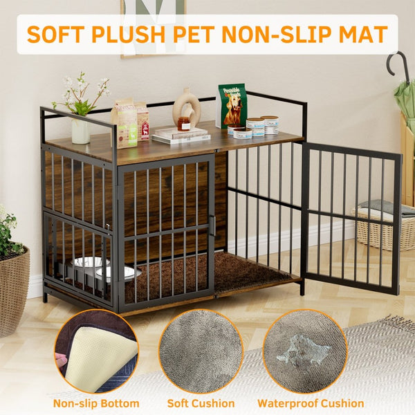 English Elm Dog Kennel Furniture Console with Rotating Feeder Bowls Steel Frame Brown Finish W3190P350230