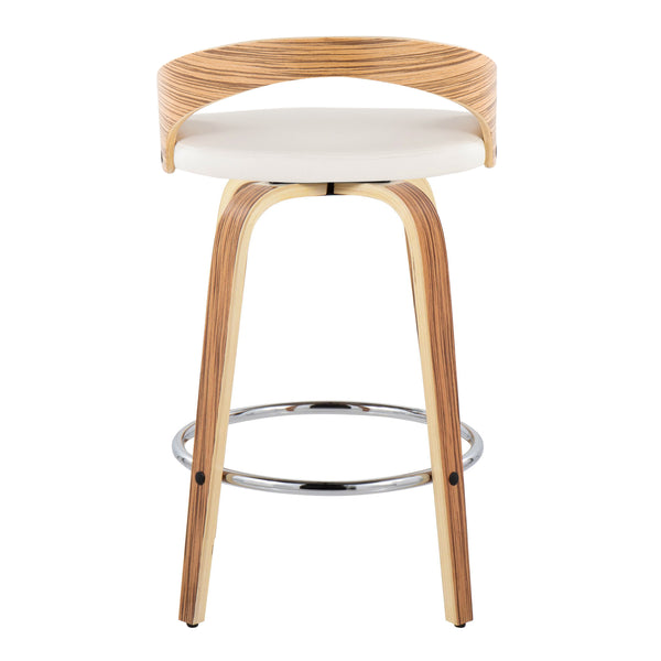 English Elm Grotto Mid-Century 26" Counter Stools Set of 2 — White Faux Leather Swivel Seats, Zebra Wood Legs, Chrome Footrest B202S00321