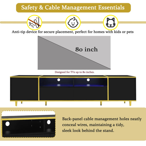 English Elm Vibe 70.9'' Modern Tv Stand For 80-Inch Tvs, Stylish Entertainment Center With Led Lights & Storage N724P284377B-GIGA