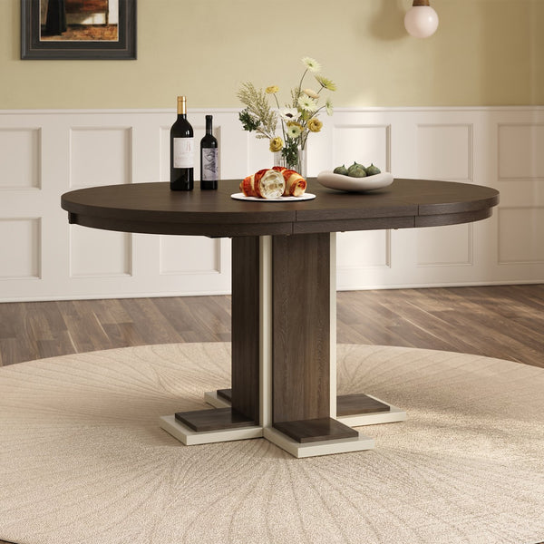 English Elm TREXM Retro Extendable Oval Dining Table with 16" Leaf, Double-Layer Pedestal, Durable Wood Finish Espresso XW000002AAP
