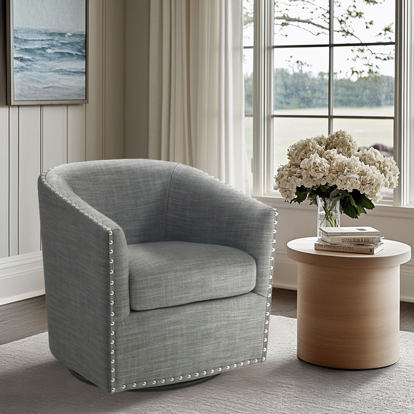 JLA Home Madison Park - Upholstered Swivel Barrel Chair with Nailheads and 360° Smooth Rotation, Plush Foam Comfort Grey MP103-1071