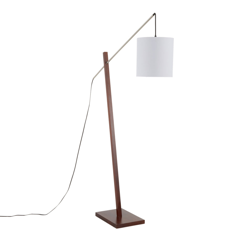 English Elm Arturo Walnut Floor Lamp with Adjustable Satin Nickel Neck and White Fabric Shade — Modern Accent Lighting B202S01389