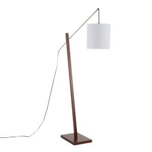 English Elm Arturo Walnut Floor Lamp with Adjustable Satin Nickel Neck and White Fabric Shade — Modern Accent Lighting B202S01389