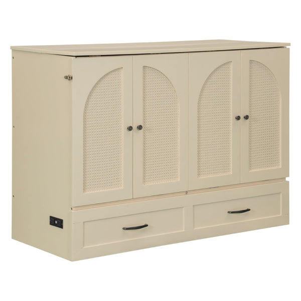 English Elm Full Size Murphy Bed Rattan Cabinet with Storage Drawers and Gold Hardware Gold N708S00009G