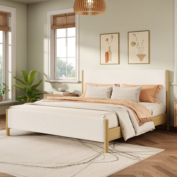 English Elm Christopher Knight Home® - Modern White Boucle Upholstered Bed With Eco-Friendly Rubberwood Legs - King Size, Stylish Comfort N769P266448W