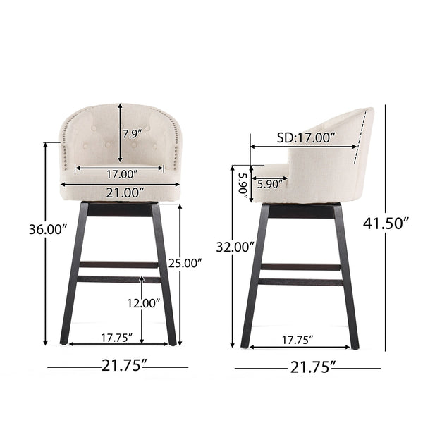 English Elm Christopher Knight Home® - 360 360 Degree Swivel Bar Stool Set of 2 with Nailhead Trim, Tufted Beige Upholstery & Rubberwood Frame N779P326955B