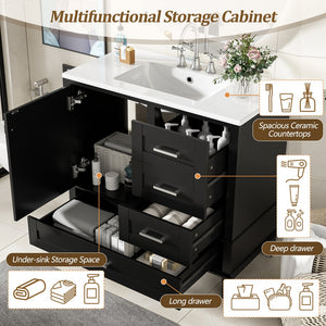 English Elm 36" Black Bathroom Vanity Solid Pine Frame with Soft-Close Door, 3 Drawers, Ceramic Top, Modern Storage Appeal N729P211167B
