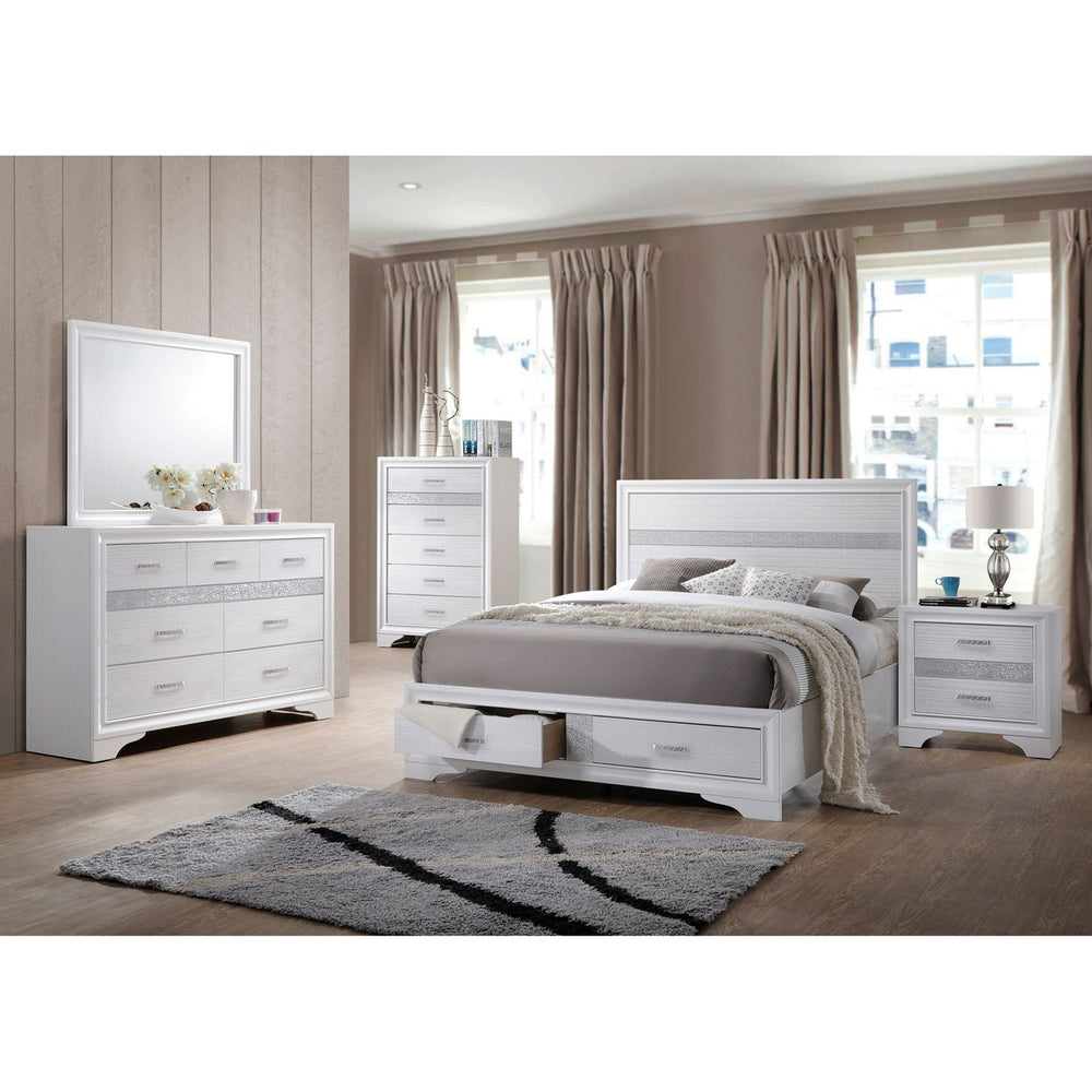 English Elm May Contemporary Eastern King Storage Bed with Shimmery Foil Headboard & Rhinestone Pulls, White B062S01085