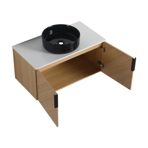 English Elm 36" Modern Wall-Mounted Bathroom Vanity With Ceramic Vessel Sink & Soft-Close Doors, Light Oak Finish W999S00452
