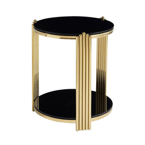 English Elm 16.9inch Round End Table Dual Tier Black Tempered Glass Gold Steel Frame Modern Accent W3357P395504
