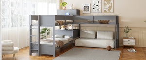 English Elm Twin L-shaped Bunk Bed Pine Wood Corner Design with Desk Drawers and Usb Charging Gray N820S00079E