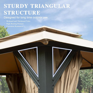 English Elm 10'x13' Outdoor Gazebo Steel Frame Double Roof Patio Shelter with Netting and Curtains Brown W1859P425842