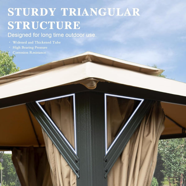 English Elm 10'x13' Outdoor Gazebo Steel Frame Double Roof Patio Shelter with Netting and Curtains Brown W1859P425842