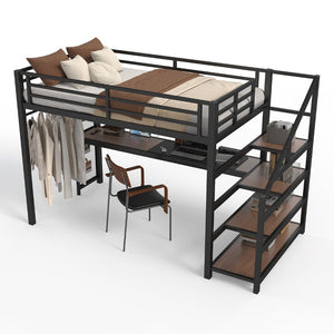 English Elm Twin Xl Metal Loft Bed with Stair Storage Shelves Sturdy Steel Frame for Dorms W1580S00481