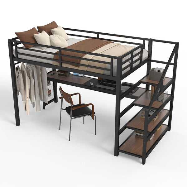 English Elm Twin Xl Metal Loft Bed with Stair Storage Shelves Sturdy Steel Frame for Dorms W1580S00481