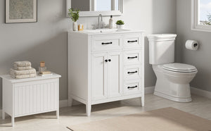 English Elm [video] 30 Inch Freestanding Bathroom Vanity White Mdf Pine Legs Ceramic Sink Soft Close N759P394442K