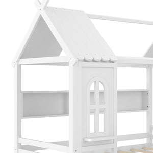 English Elm Twin House Platform Bed with Drawers & Shelves, Solid Wood Playhouse Frame for Kids, Cozy Design Light White W1580S00265