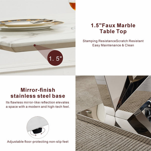 English Elm Marble Dining Table For 6 - Modern 70'' Rectangle Faux Marble Top With Mirrored Stainless Steel Base W3456S00042