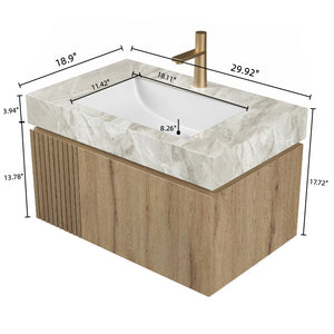 English Elm MURI Luxury Wall-Mounted 30" Bathroom Vanity with Sintered Stone Countertop and Ceramic Basin, Plywood Cabinet Light Gray,White Oak W2615S00334