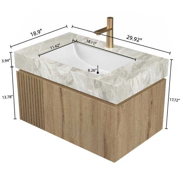 English Elm MURI Luxury Wall-Mounted 30" Bathroom Vanity with Sintered Stone Countertop and Ceramic Basin, Plywood Cabinet Light Gray,White Oak W2615S00334